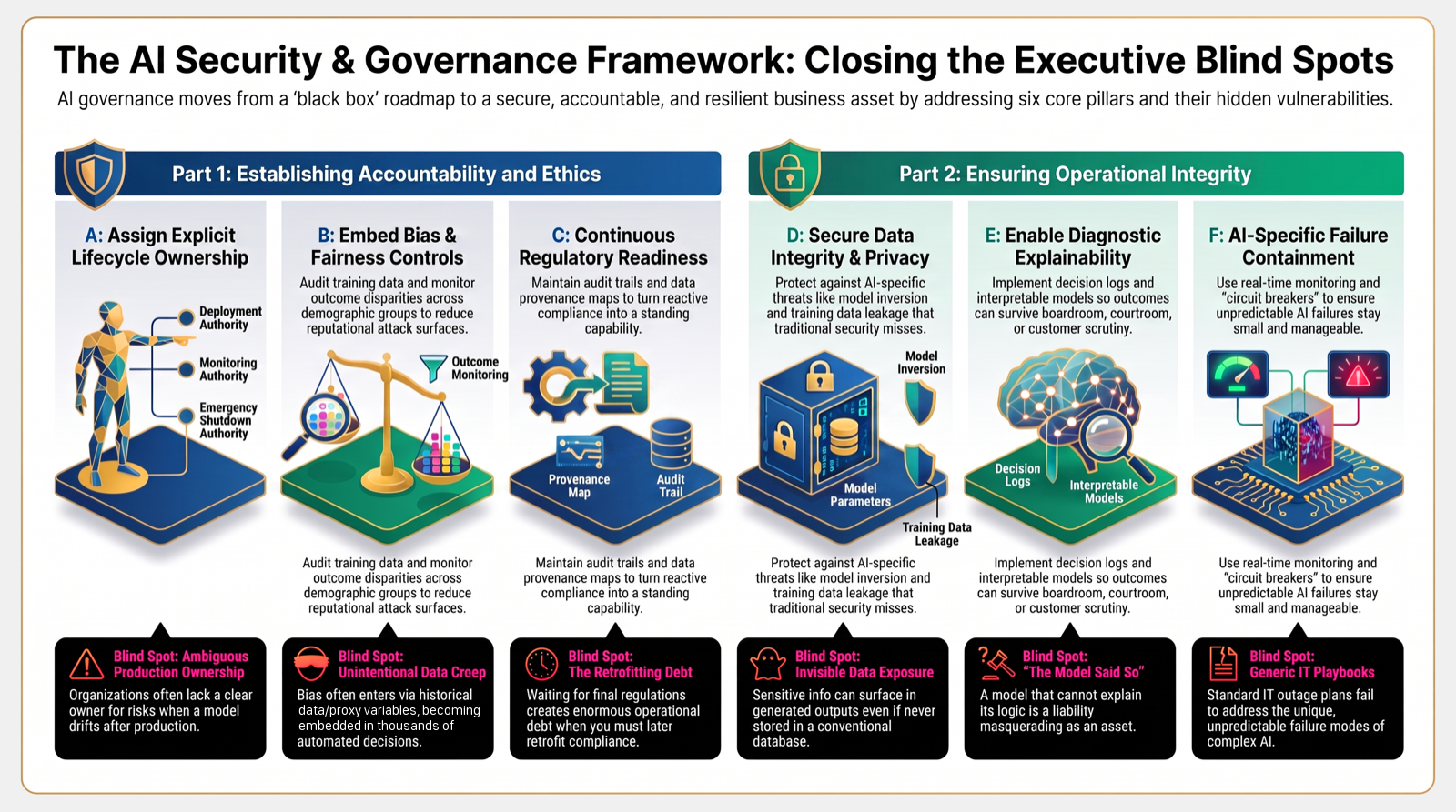 The AI Security & Governance Framework: Closing the Executive Blind Spots — a six-part diagram split into Part 1: Establishing Accountability and Ethics (A: Assign Explicit Lifecycle Ownership, B: Embed Bias & Fairness Controls, C: Continuous Regulatory Readiness) and Part 2: Ensuring Operational Integrity (D: Secure Data Integrity & Privacy, E: Enable Diagnostic Explainability, F: AI-Specific Failure Containment), each paired with its executive blind spot.