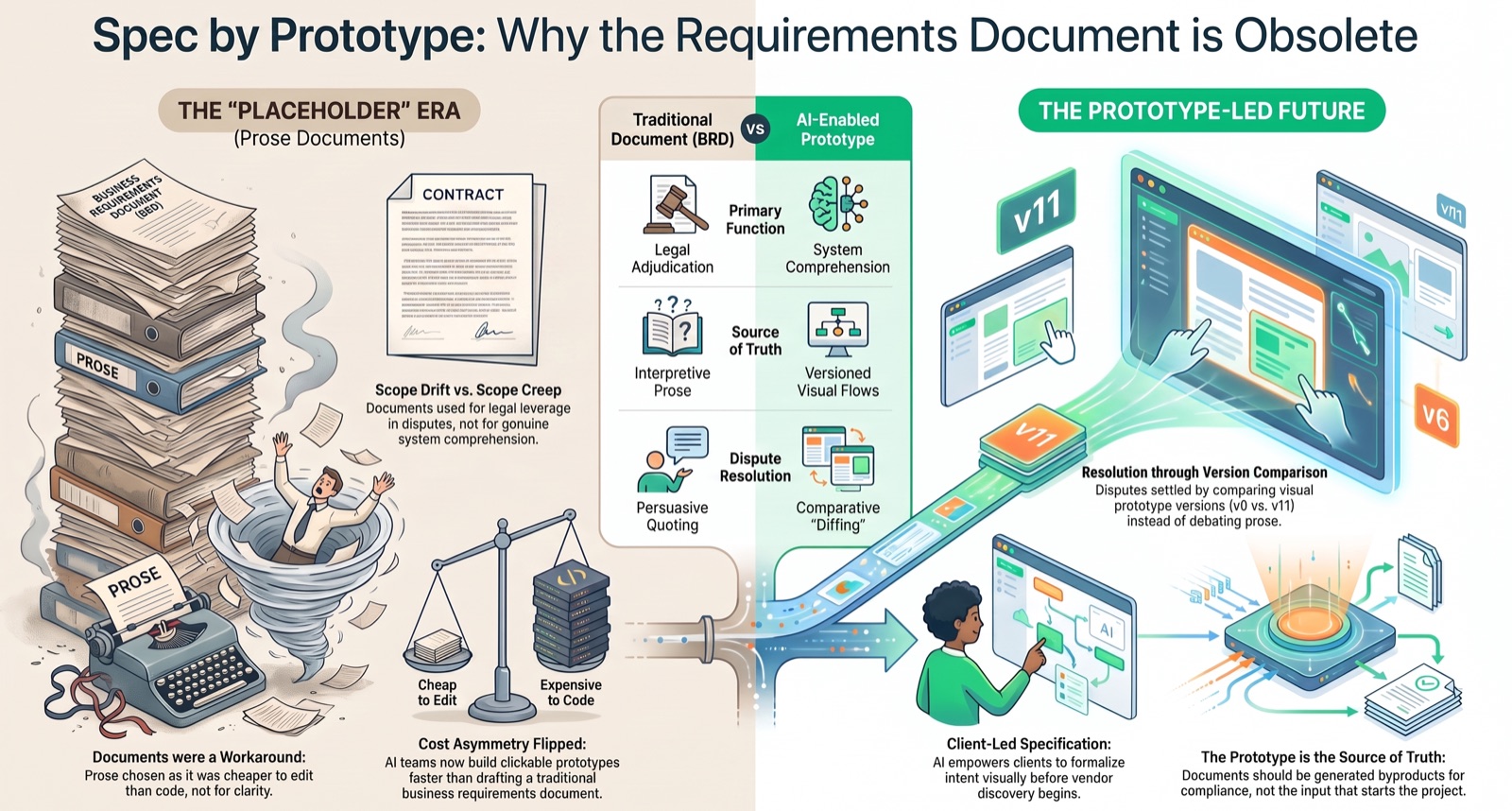 Spec by Prototype: comparison of the traditional Business Requirements Document against an AI-enabled prototype across primary function (legal adjudication vs. system comprehension), source of truth (interpretive prose vs. versioned visual flows), and dispute resolution (persuasive quoting vs. comparative diffing), leading into a prototype-led future where client-led specification and version comparison replace document review.